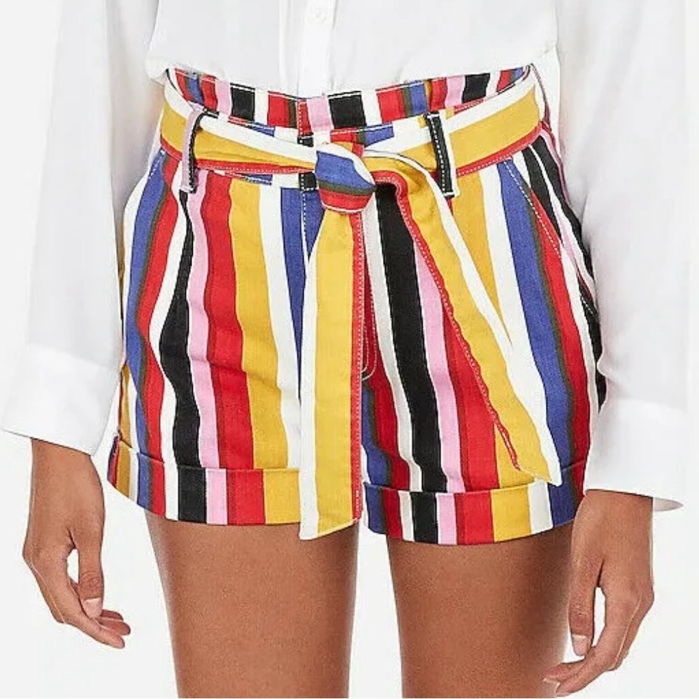 Express Super High Waisted Striped Sash Tie Denim Shortie Shorts - Picture 5 of 5